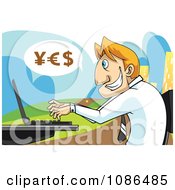 Clipart Caucasian Stock Broker Businessman Using A Laptop With YES Currency Symbols Royalty Free Vector Illustration