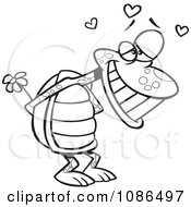 Clipart Outlined Infatuated Tortoise Holding Flowers Royalty Free Vector Illustration