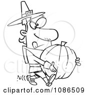 Clipart Outlined Pilgrim Man Carrying A Pumpkin Royalty Free Vector Illustration