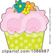 Poster, Art Print Of Pink Frosted Cupcake With Flowers And A Polka Dot Wrapper