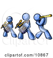 Three Blue Men Playing Flutes And Drums At A Music Concert