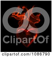 3d Heart Engulfed In Flames Over Black