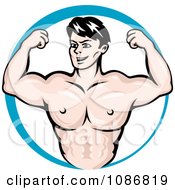 Poster, Art Print Of Strong Man Bodybuilder In A Blue Circle