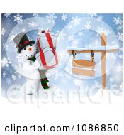 3d Christmas Snowman Carrying Gifts By A Sign In The Snow