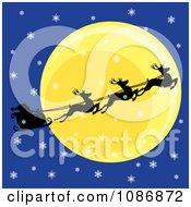 Poster, Art Print Of Silhouetted Flying Reindeer And Santas Sleigh Against The Moon On A Snowy Christmas Eve