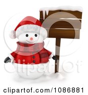 Poster, Art Print Of 3d Snowman In A Santa Suit By A Wood Sign