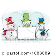 Poster, Art Print Of Three Winter Snowmen With A Blank Sign