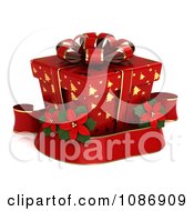 3d Red Gift Box With Gold Christmas Tree Patterns And A Poinsettia Ribbon