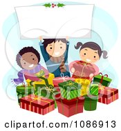 Poster, Art Print Of Kids With Christmas Gifts And Holding A Sign