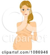 Poster, Art Print Of Nude Dirty Blond Pregnant Woman Covering Her Breasts And Touching Her Baby Bump