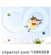 Poster, Art Print Of Girl Swinging Over A Winter Landscape With Baubles And Gifts