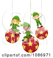 Happy Christmas Elves Sitting On Suspended Ornaments