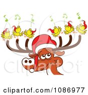 Christmas Reindeer With Caroling Birds And A Santa Hat