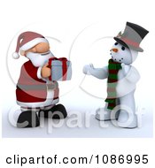 Poster, Art Print Of 3d Santa Giving A Christmas Gift To A Snowman