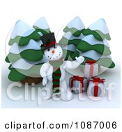 Poster, Art Print Of 3d Snowman Waving By Gifts And Christmas Trees