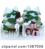 Clipart 3d Snowman Waving By Gifts And Christmas Trees Royalty Free CGI Illustration