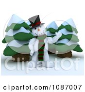 Poster, Art Print Of 3d Snowman Waving By Christmas Trees