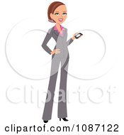 Poster, Art Print Of Brunette Caucasian Business Woman With A Cell Phone And Gray Suit