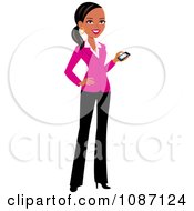 Clipart Black Businesswoman In A Pink Blazer Holding Her Cell Phone Royalty Free Vector Illustration