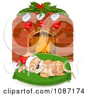 Cute Christmas Puppy Sleeping On A Bed By A Fireplace