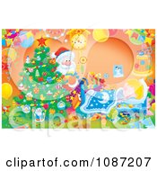 Clipart Santa Delivering Christmas Gifts By A Sleeping Boy Royalty Free Illustration