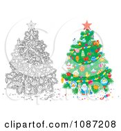 Clipart Outlined And Colored Christmas Trees With Festive Ornaments Royalty Free Illustration