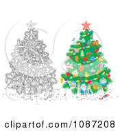 Poster, Art Print Of Outlined And Colored Christmas Trees With Festive Ornaments