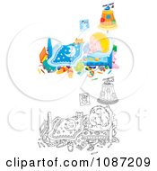 Clipart Outlined And Colored Cats Looking At A Sleeping Boy Royalty Free Illustration