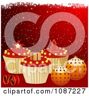 Red And Gold Christmas Background With 3d Cupcakes And Baubles