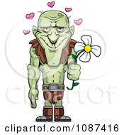 Clipart Tall Romantic Goblin Holding A Flower Under Hearts Royalty Free Vector Illustration