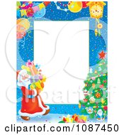 Poster, Art Print Of Snowy Christmas Tree Frame And Santa Carrying Gifts