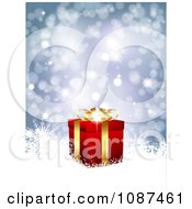 Poster, Art Print Of Blue Sparkly Christmas Background With A 3d Gold And Red Gift Box And Snowflakes