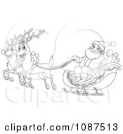 Poster, Art Print Of Outlined Santa And Flying Reindeer