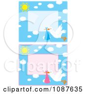 Poster, Art Print Of Cute Stork Flying A Baby Boy And Girl Invitations