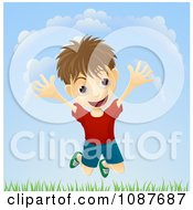 Poster, Art Print Of Energetic Boy Jumping Above Grass Outdoors