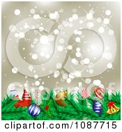 Poster, Art Print Of Christmas Garland With Festive Ornaments Against Gold Sparkles