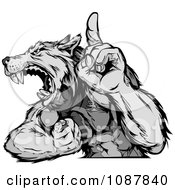 Victorious Wolf Mascot Flexing His Arm And Holding Up A Finger