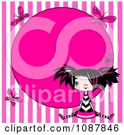 Punky Girl Sitting Over Pink Stripes With Butterflies And Circle Frame