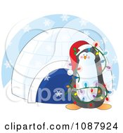 Christmas Penguin Decked Out In Lights By An Igloo In The Snow
