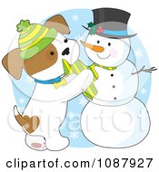 Winter Puppy Putting A Scarf On A Snowman