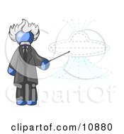 Blue Einstein Man Pointing A Stick At A Presentation Of A Flying Saucer