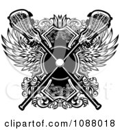 Clipart Black And White Crossed Lacrosse Sticks Over Wings Royalty Free Vector Illustration