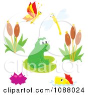 Poster, Art Print Of Cute Frog At A Busy Pond With Insects Fish And Plants
