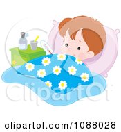 Poster, Art Print Of Feverish Boy With Medicine And A Thermometer In Bed