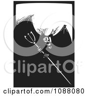 Poster, Art Print Of Woodcut Devil With A Pitchfork Black And White