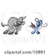Blue Man Holding A Stool And Whip While Taming A Bull Bull Market Clipart Illustration