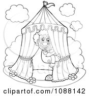 Clipart Outlined Circus Clown Peeking Out Of A Big Top Tent Royalty Free Vector Illustration