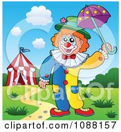 Outlined Circus Clown Holding An Umbrella