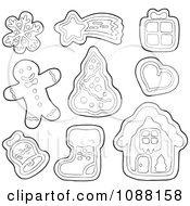 Poster, Art Print Of Outlined Christmas Snowflake Star Gift Heart Tree Bell Stocking House And Man Gingerbread Cookies