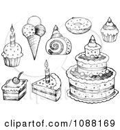 Poster, Art Print Of Black And White Sketched Birthday Cakes Ice Cream And Cupcakes